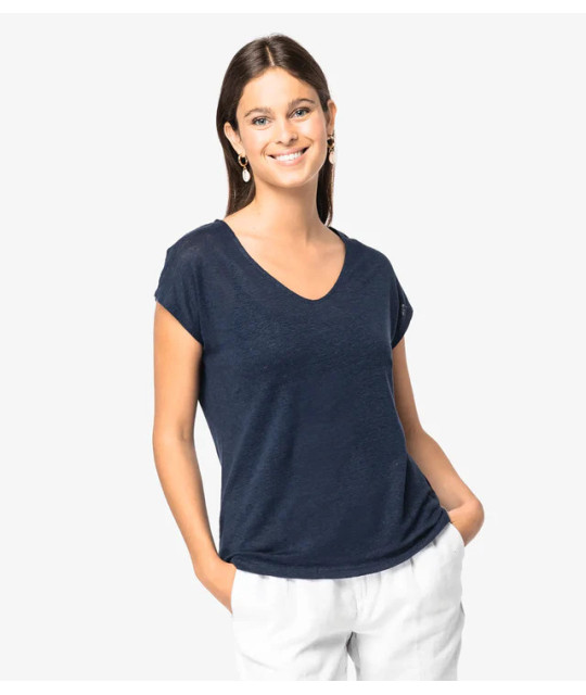 SPASS0 Ladies' V-neck Linen T-shirt